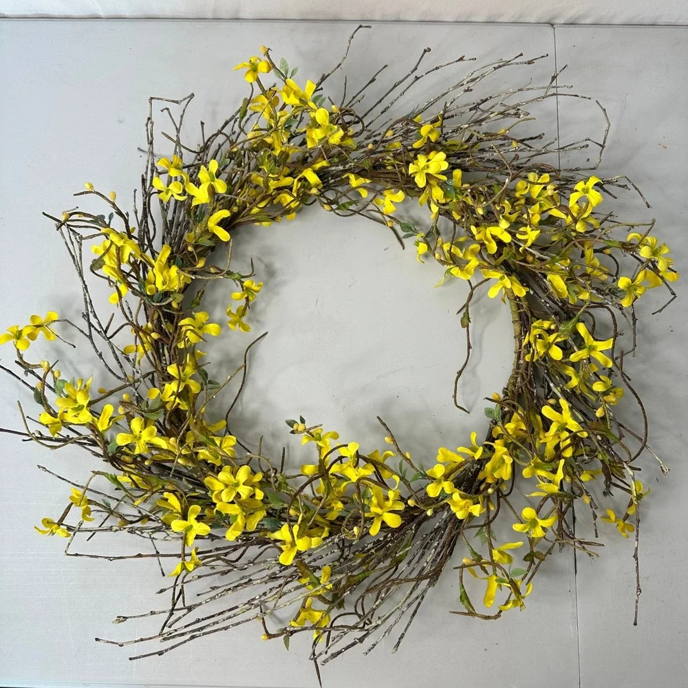 Yellow Forsythia Wreath 18 Inch Faux Floral Twig Grapevine Farmhouse Decor